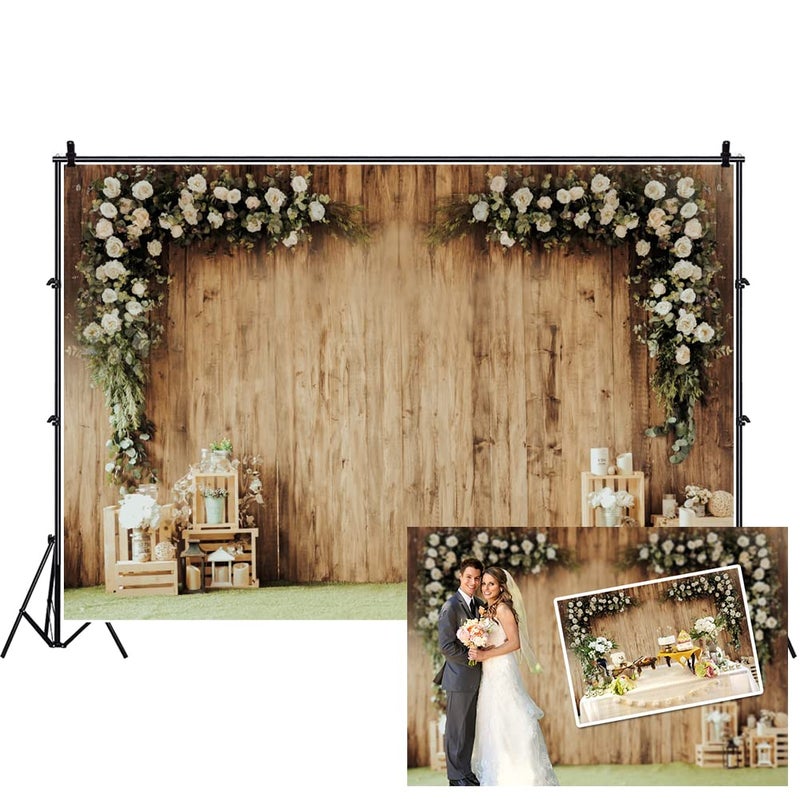 DASHAN 8x6ft Polyester Wedding Backdrop Rustic Floral Flower Wood Wall Backdrop Bridal Shower Reception Ceremony Valentine's Day Photography Background Proposal Party Kids Birthday Party Photo Prop - Image 1